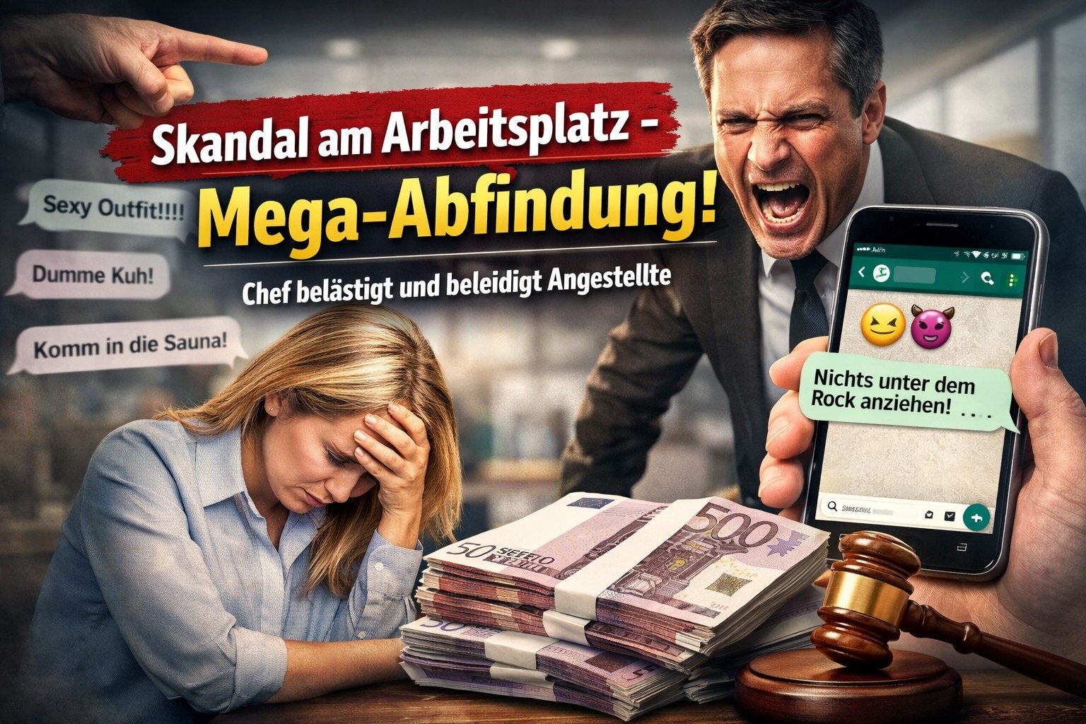 Auflösungsantrag - Skandal am Arbeitsplatz – Mega-Abfindung! - Chef belästigt und beleidigt Angestellte.
