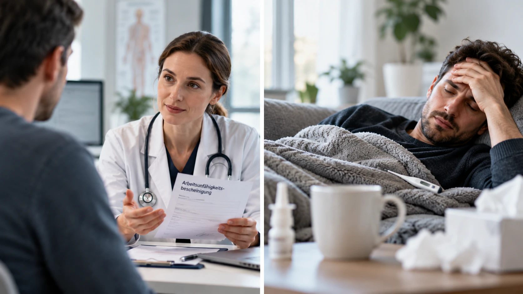 Person erhält nach einem Arztbesuch eine Arbeitsunfähigkeitsbescheinigung