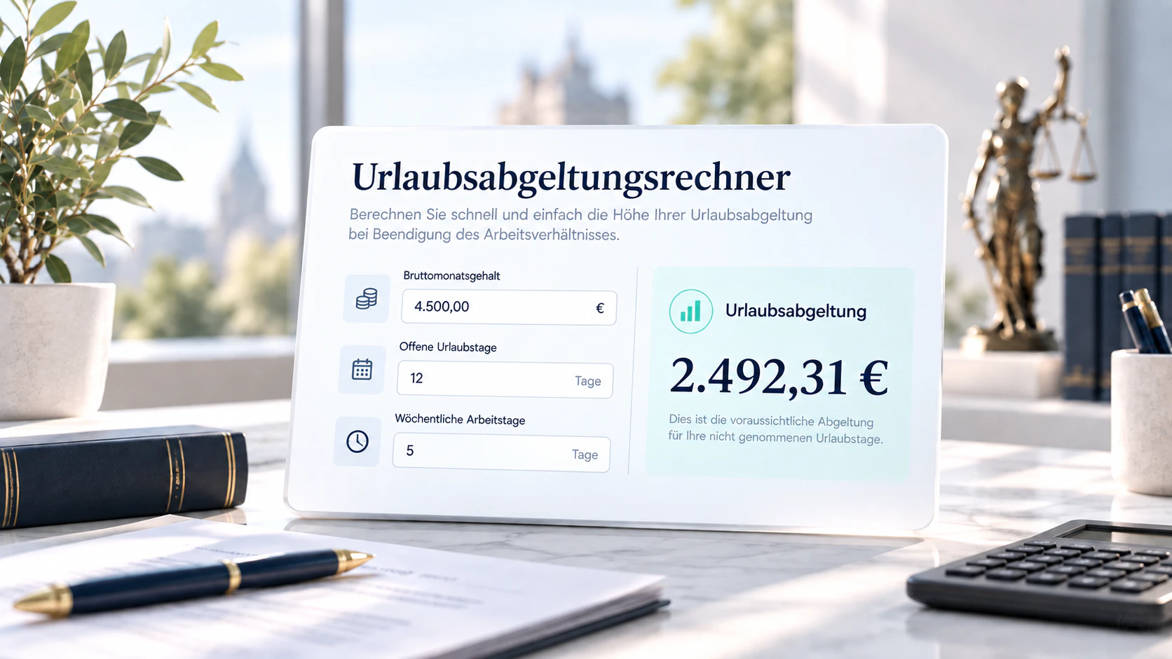 Urlaubsabgeltungsrechner mit Eingaben für Gehalt und offene Urlaubstage